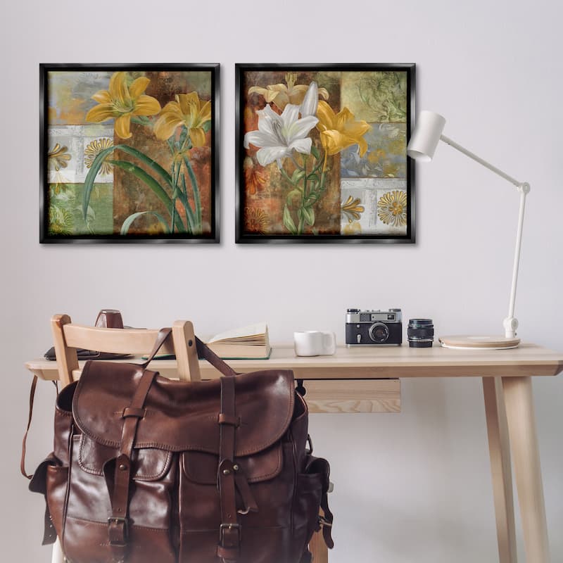 Stupell Lilies & Vintage Tile Patterns Framed Floater Canvas Wall Art Design By Sasha (Set of 2)