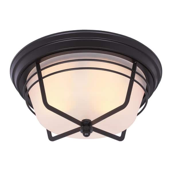 slide 2 of 3, Westinghouse Bonneville Two-Light Exterior Flush-Mount Fixture, Weathered Bronze Finish on Steel with Frosted Glass - 13-Inch 13-Inch - Weathered Bronze
