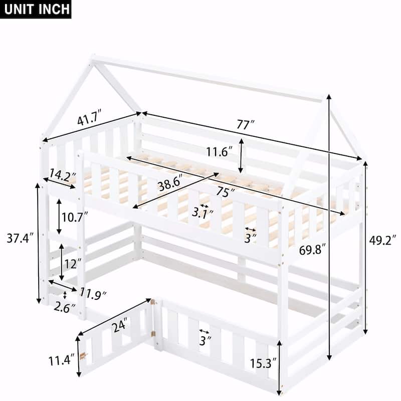 Twin over Twin House Bunk Bed with Fence and Door