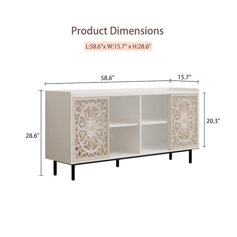Mid-Century Modern Storage Cabinet, White Curio Buffet for Living Room, Wood Sideboard Buffet Cabinet, Accent Display Cabinet