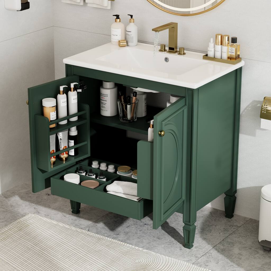 Green 30-Inch Freestanding Vanity with Ceramic Sink, Soft-Close Doors, Adjustable Shelf, and Retro Legs
