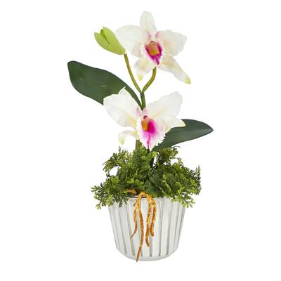 13" Mini Orchid Cattleya Artificial Arrangement in White Vase
