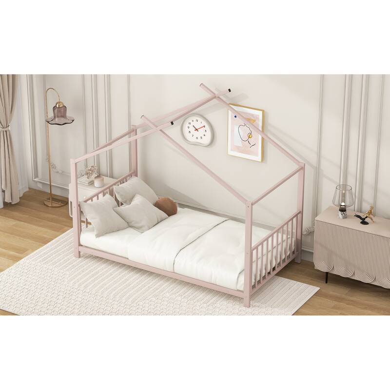 Roomfitters Twin Size House Bed, Modern Metal Floor Bed Frame with Roof, Sleek Scandi Style Sleep Space, Pink