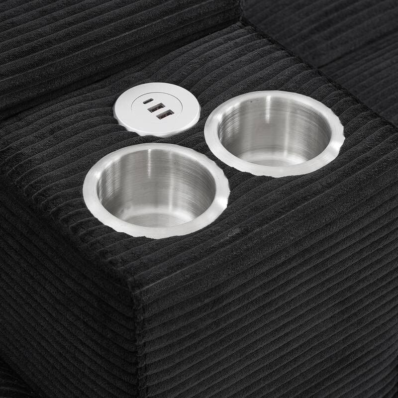 Corduroy Upholstered 4 Seat Sofa, U-shaped Sectional Sofa with Movable Storage Ottomans, Console, Cup Holders and USB Ports