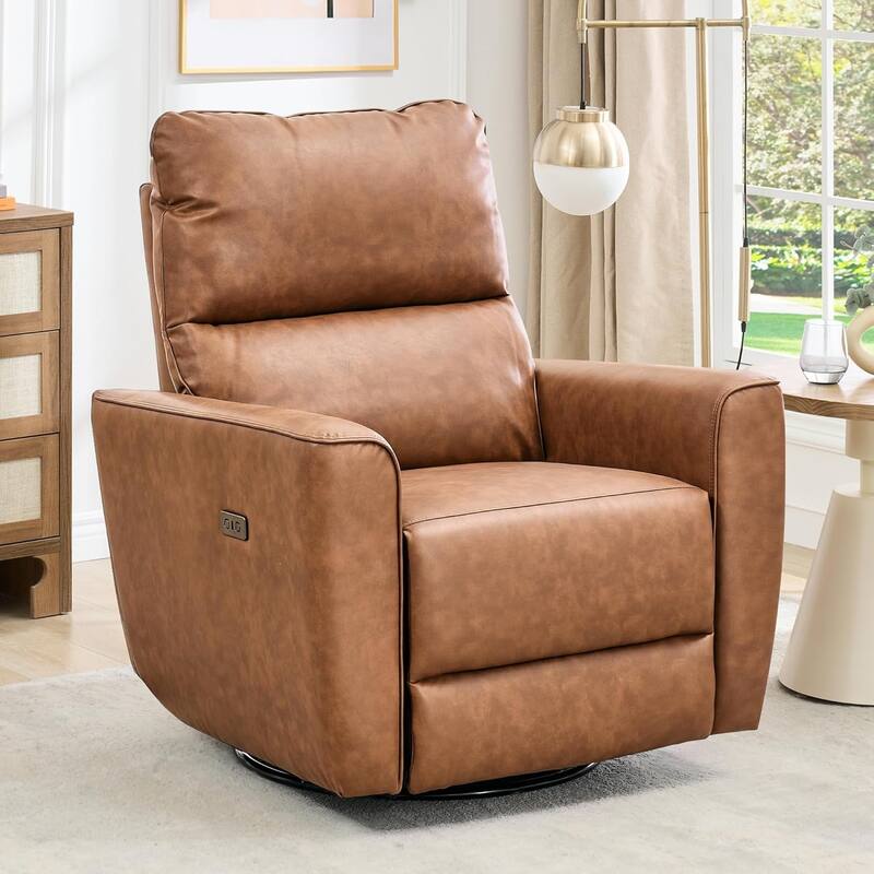 Power Recliner Swivel Chair Rockery Glider PU Leather Nursery Chair with USB Port