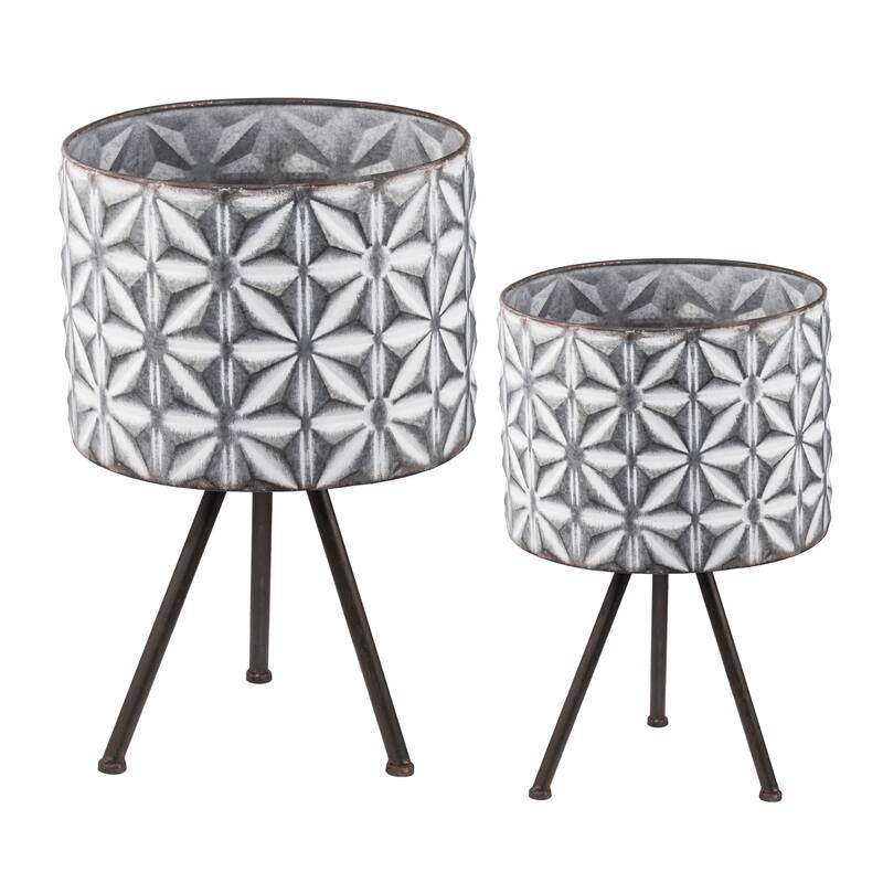 Set of 2 Metal Round Galvanized Grey Farmhouse Planter