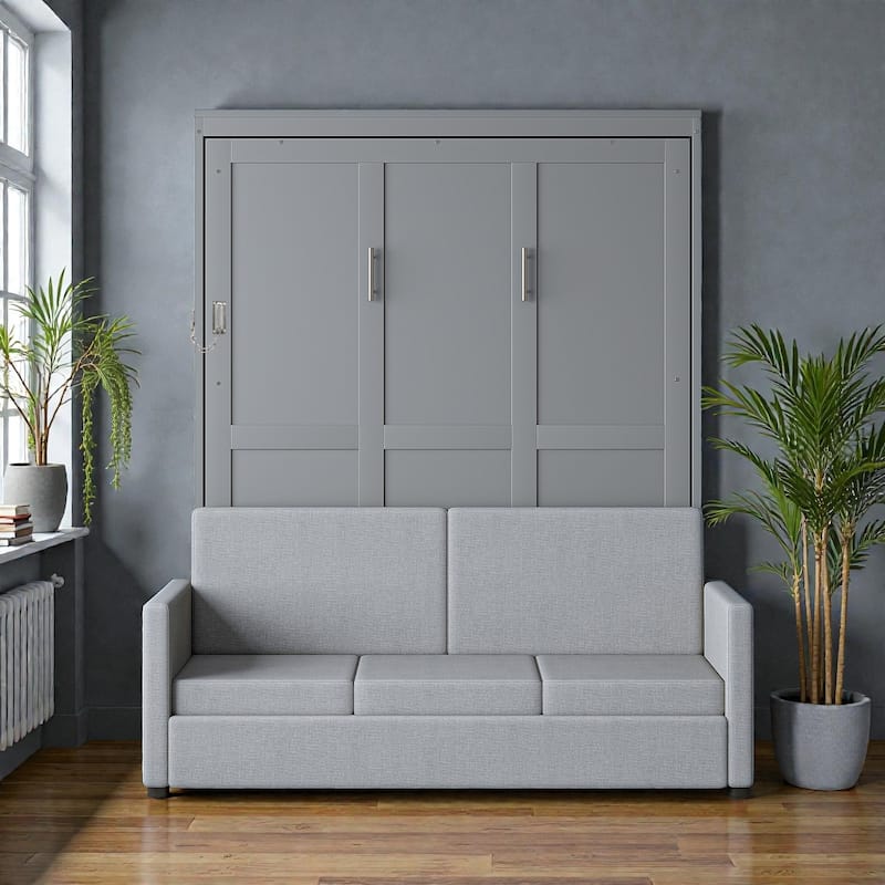 Full/Queen Size Murphy Bed Wall Bed with Sofa & Storage, Foldable Space-Saving Design with Cushion