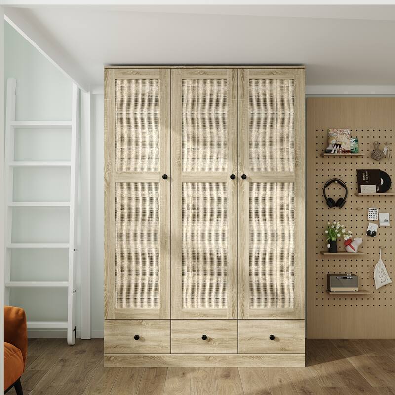 Natural Charm Wooden Armoire - Breathable Rattan Design Ample Storage