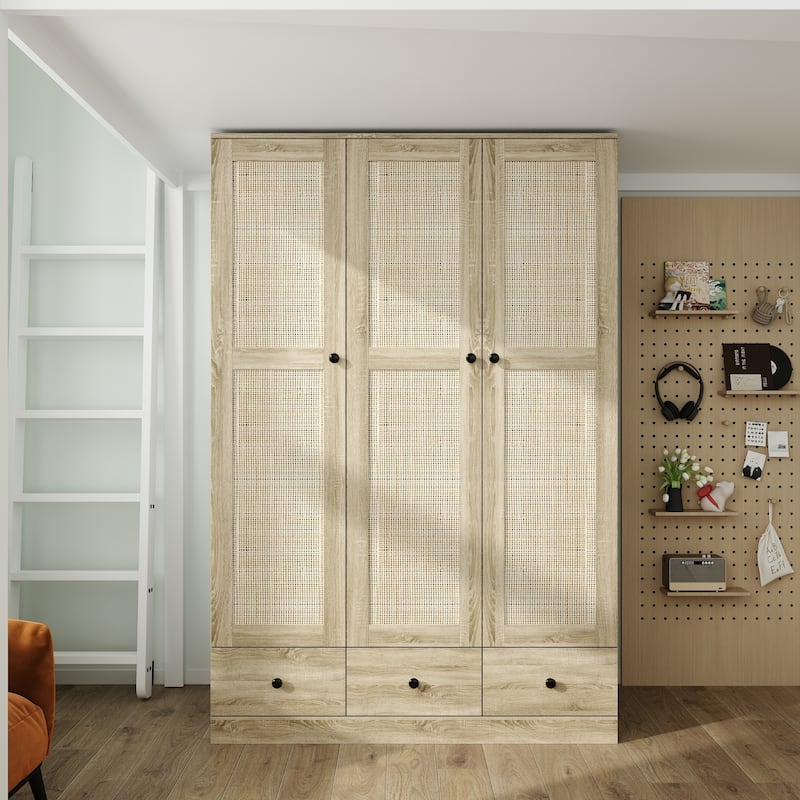 Rattan-Accented Wardrobe - Spacious Clothing Organizer with Style - 70.9"Hx47.2"W