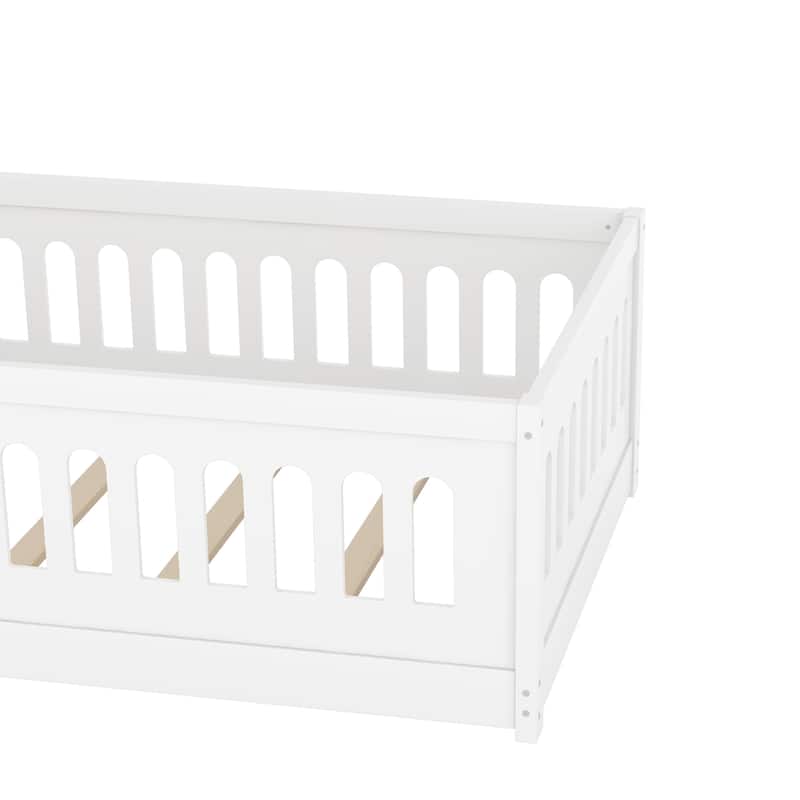 Solid Wood Montessori Floor Bed with Fence & Doors, Wood Slats Support