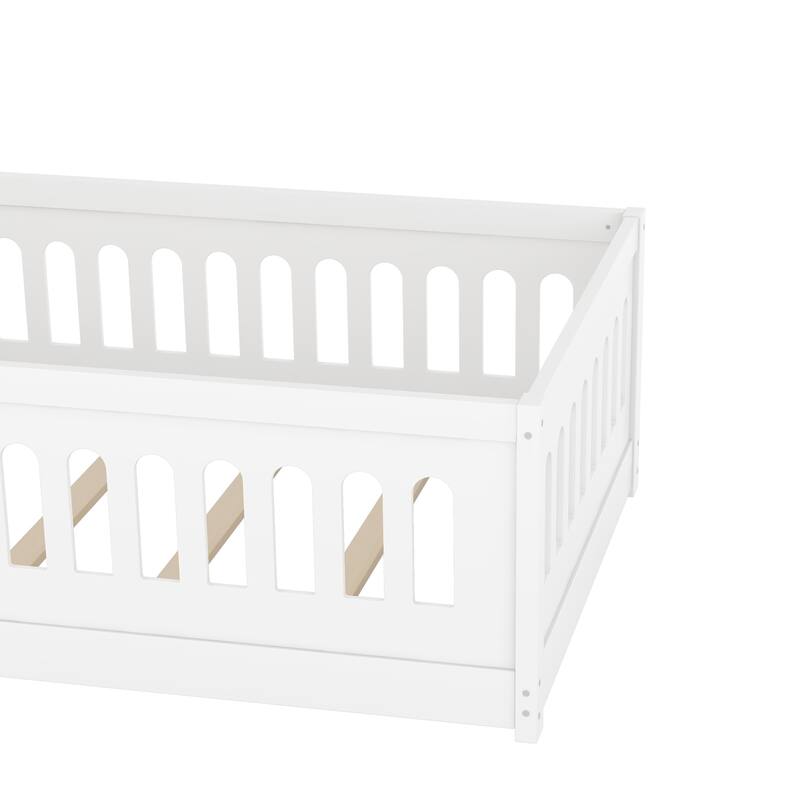 White Bed Frame Montessori Bed Twin Size Toddler Floor Bed with Guardrails and Door for Children Boys Girls Kids Playroom
