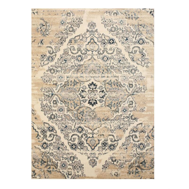 Traditional Distressed Polypropylene Rug, 4'3 x 5'10 Ivory, Subtle and Stylish Floor Accent - L
