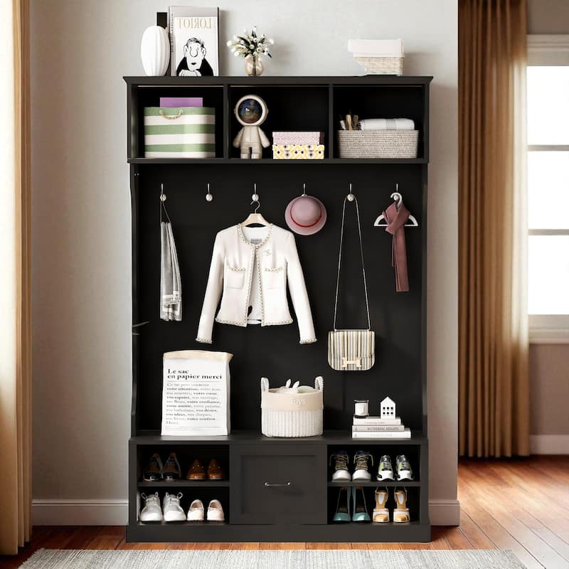 57 in Hall Tree with 6 Hooks, Entryway Bench, 3-in-1 Coat Rack with Drawer, Adjustable Shoe Shelves, 85 in H
