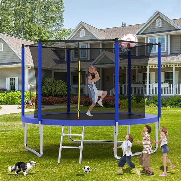 slide 2 of 19, 10 ft. Round Outdoor Trampoline with Safety Enclosure Net and Ladder 120"