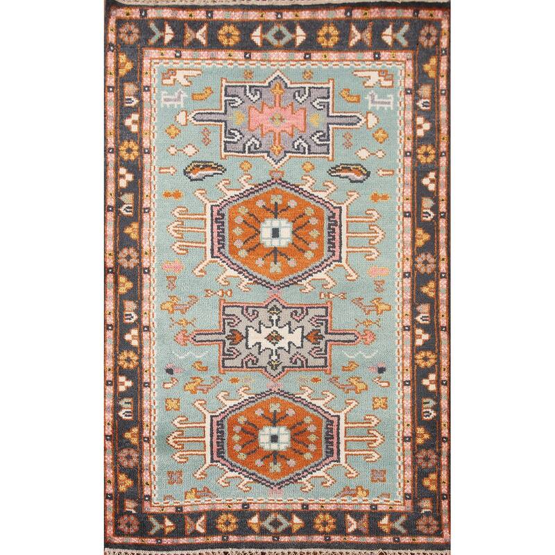 Turquoise / Green Kazak Oriental Foyer Rug Handmade Wool Carpet - 3'1" x 5'0"
