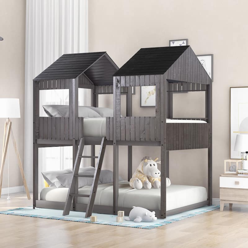 Full Over Full Wood Bunk Bed with Roof, Window, Guardrail, and Ladder in Antique Gray - Antique Gray