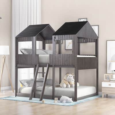 Full Over Full WoodBunk Bed with Roof, Window, Guardrail, Ladder(Antique Gray)
