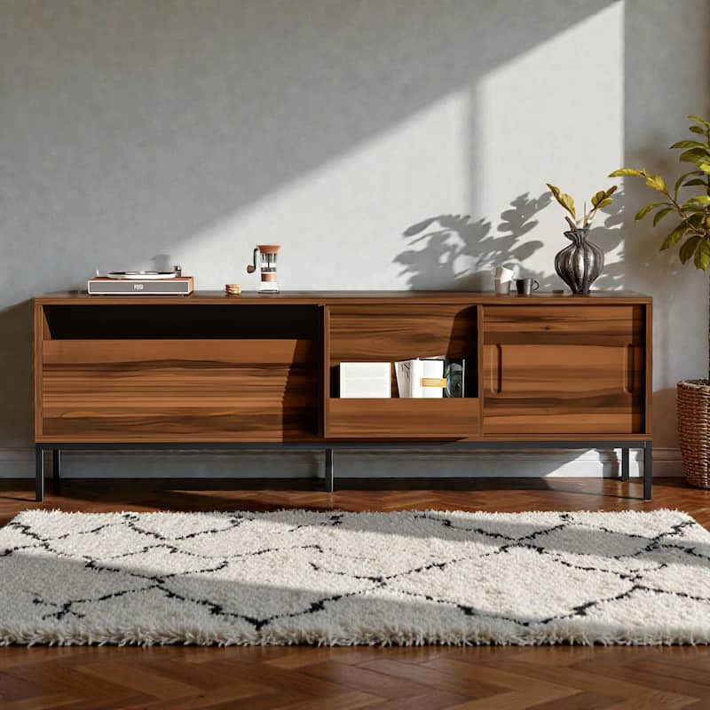 70.8'' Mid Century Modern TV Stand for 75'' TVs, Walnut Media Console with Sliding Doors, Drawer, Adjustable Shelves