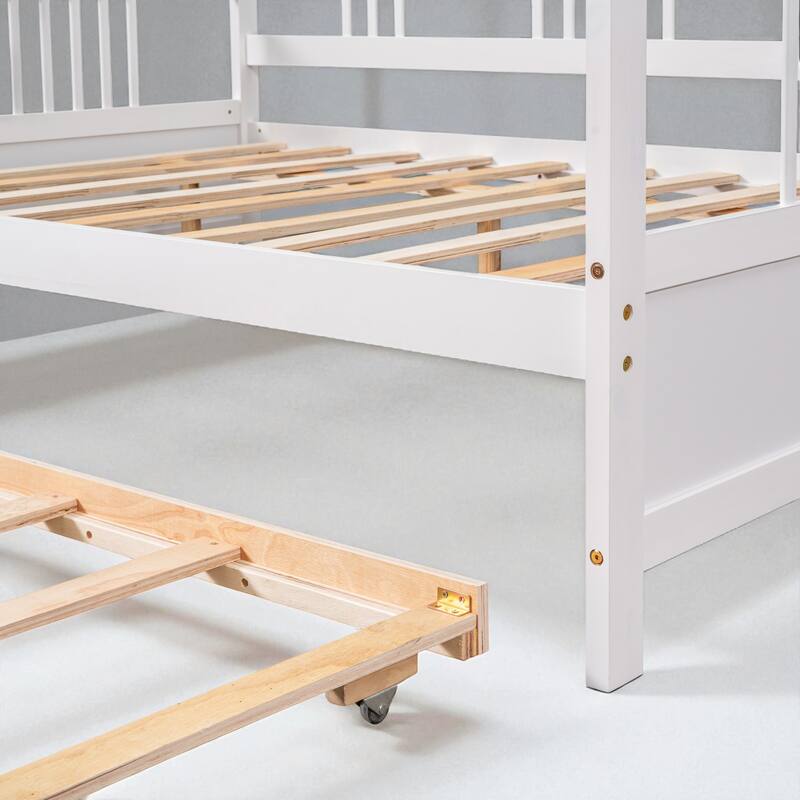 Twin/Full Size Wood Daybed with Twin Trundle, Sofa Bed Frame with Rails and Pull-Out Guest Bed