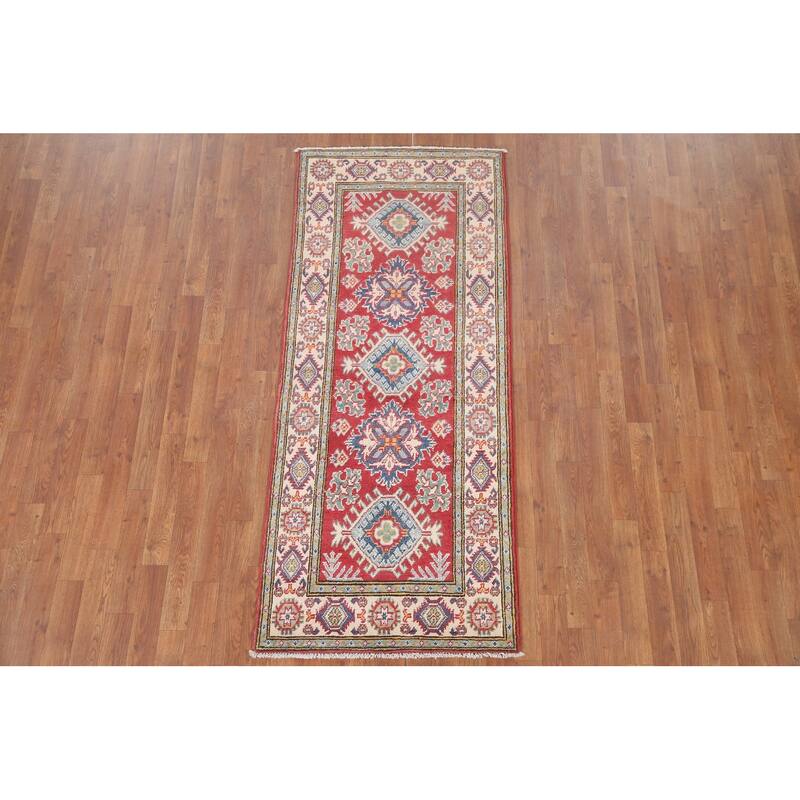 Hand Knotted Oriental 100% Wool Carpet Traditional Geometric Red Kazak Area Rug - 6' 5'' X 2' 8''