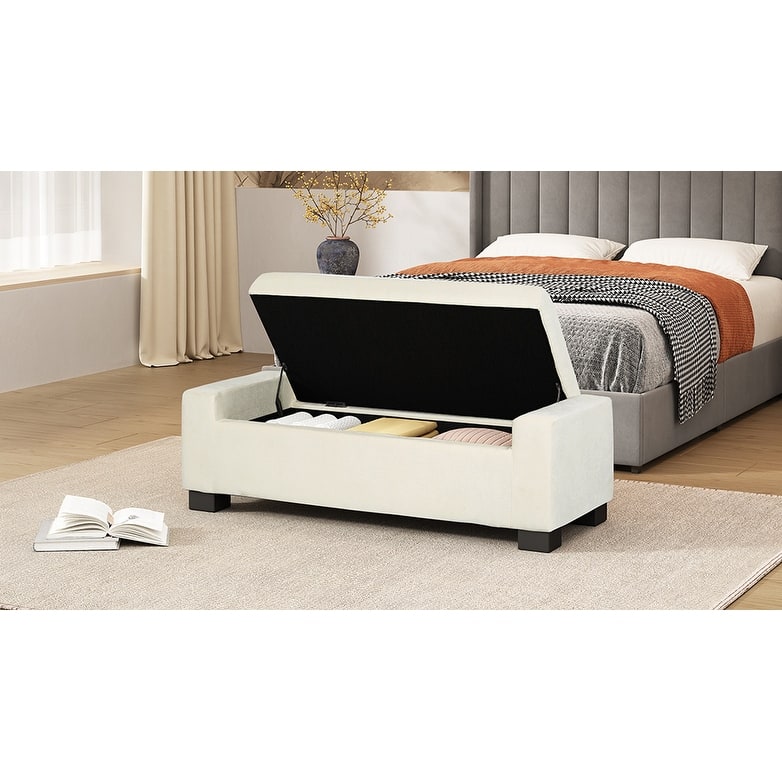 50" Ottoman Bench in Textured Fabric, Rectangular Design with Hinged Lid for Seating, Footrest, and Hidden Storage