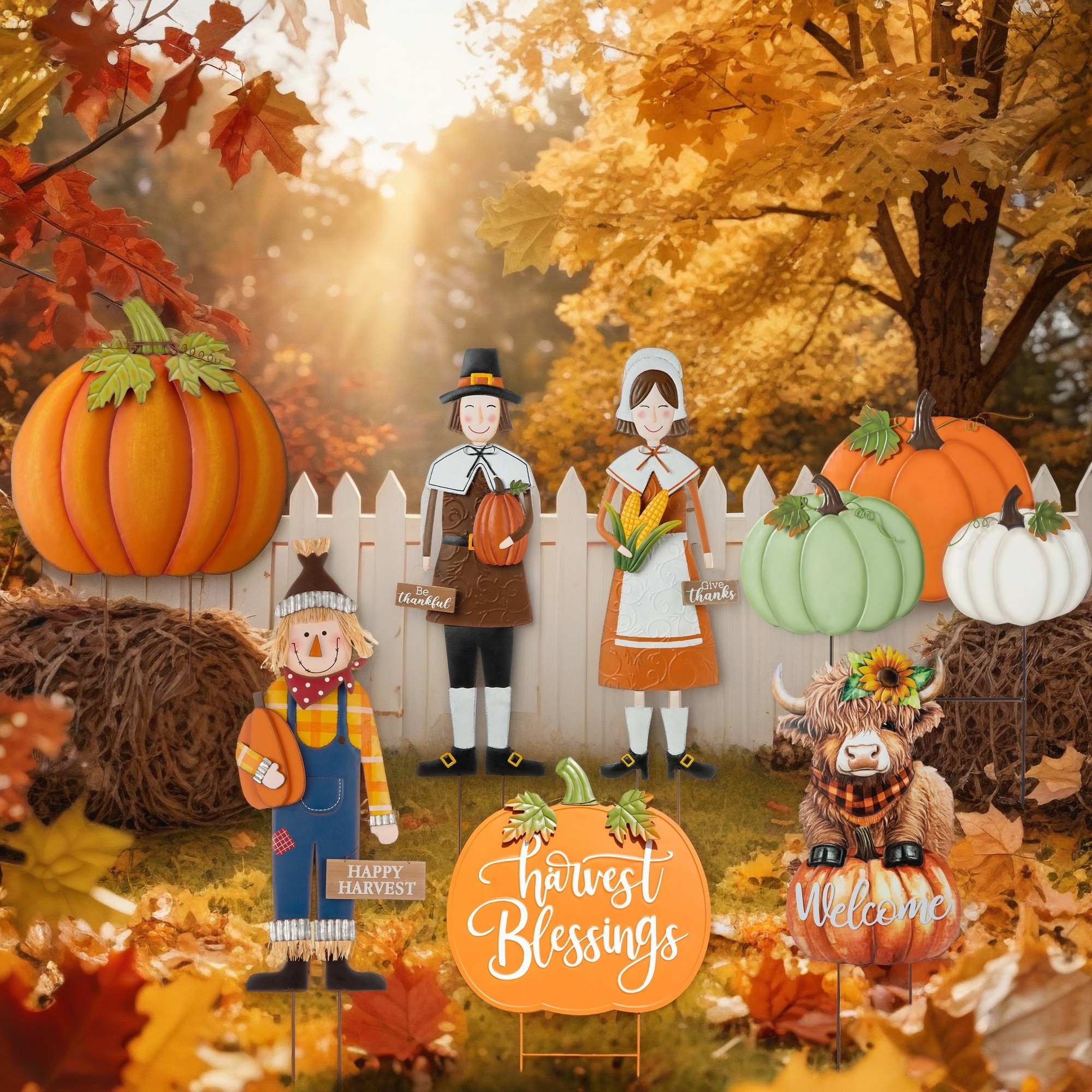 Glitzhome Fall Harvest Metal Yard Stake Thanksgiving Hanging Decor (2-3 Functions)