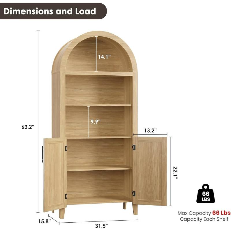 Arched Bookcase, Kitchen Pantry Storage Cabinet with Open Display Shelf