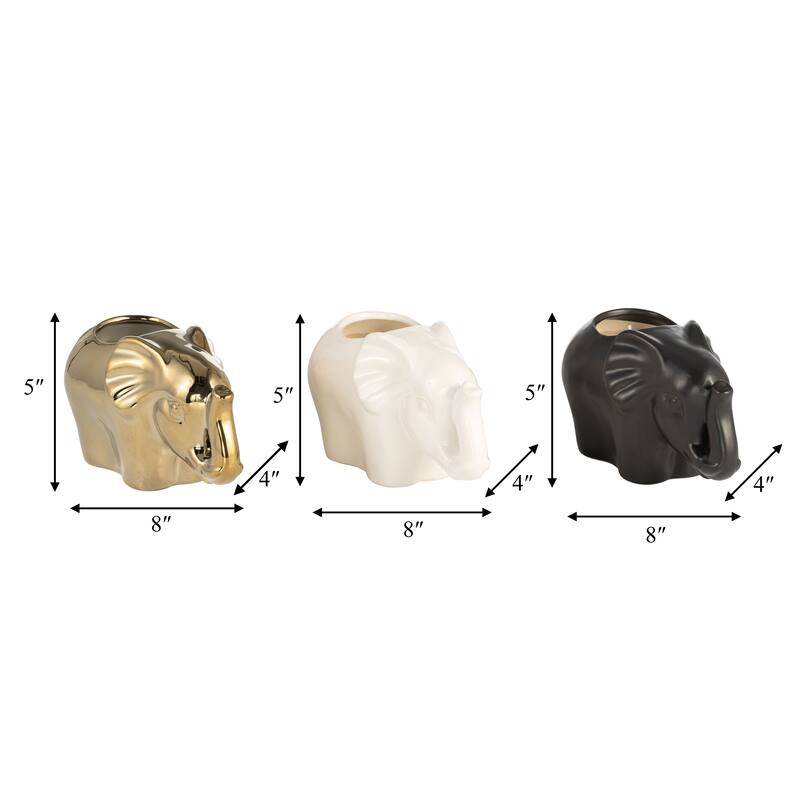 Set of Three 5"H 7" Diameter Gold, Ivory, and Black Colored Ceramic Elephant Soy Candle 9oz Pumeria-scented for Indoor