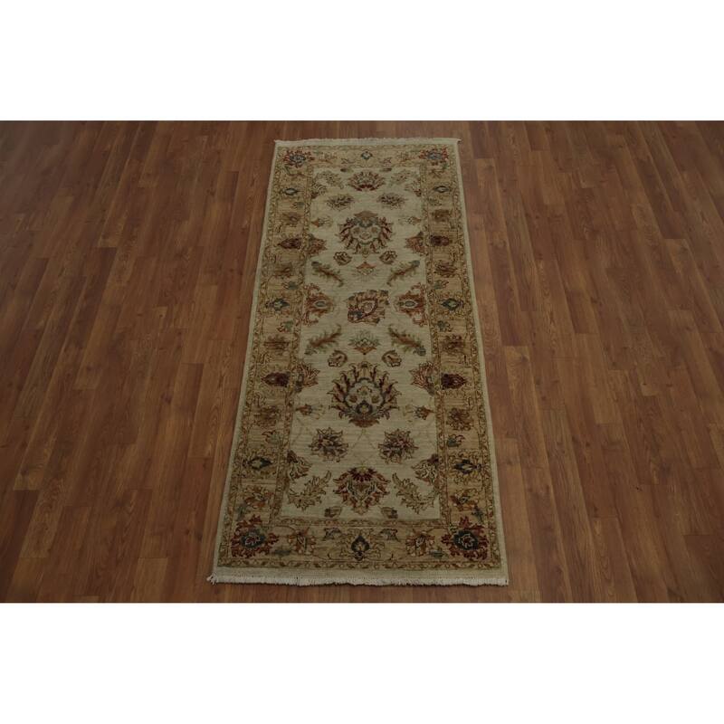 Hand Knotted Oriental 100% Wool Carpet Traditional Floral Beige & Ivories Peshawar Area Rug - 6' 2'' X 2' 7''