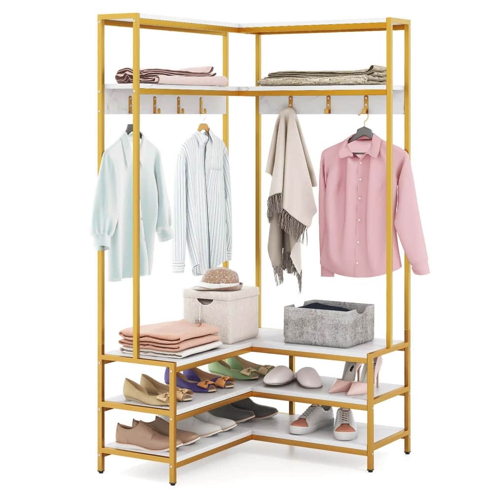 Costway Corner Garment Rack L-shaped Clothes Rack with Open Shelves & - See Details