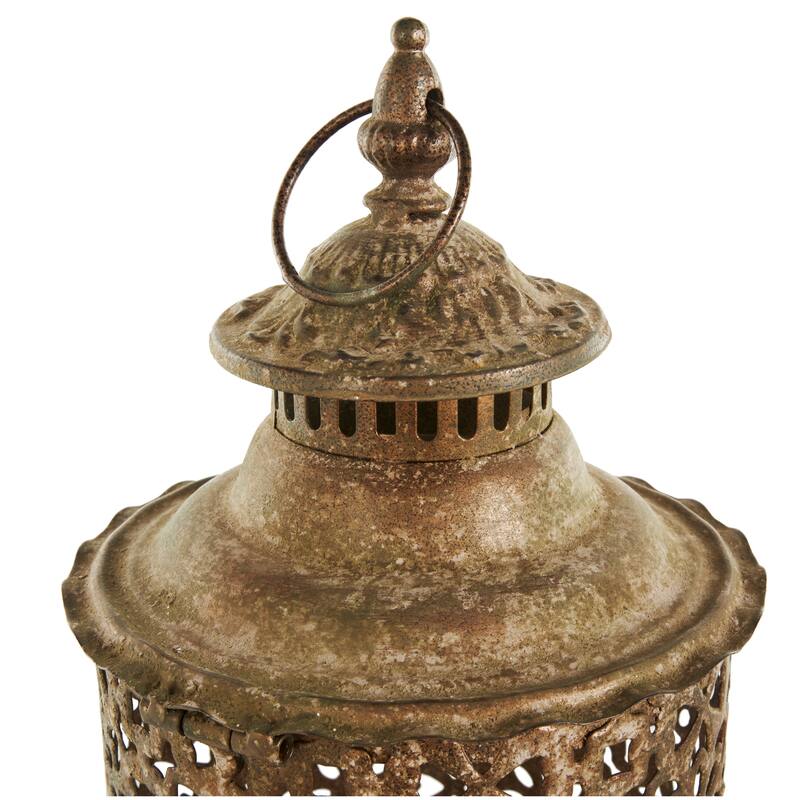 Brown Metal Distressed Vintage Inspired Ornate Scroll Candle Lantern (Set of 2)
