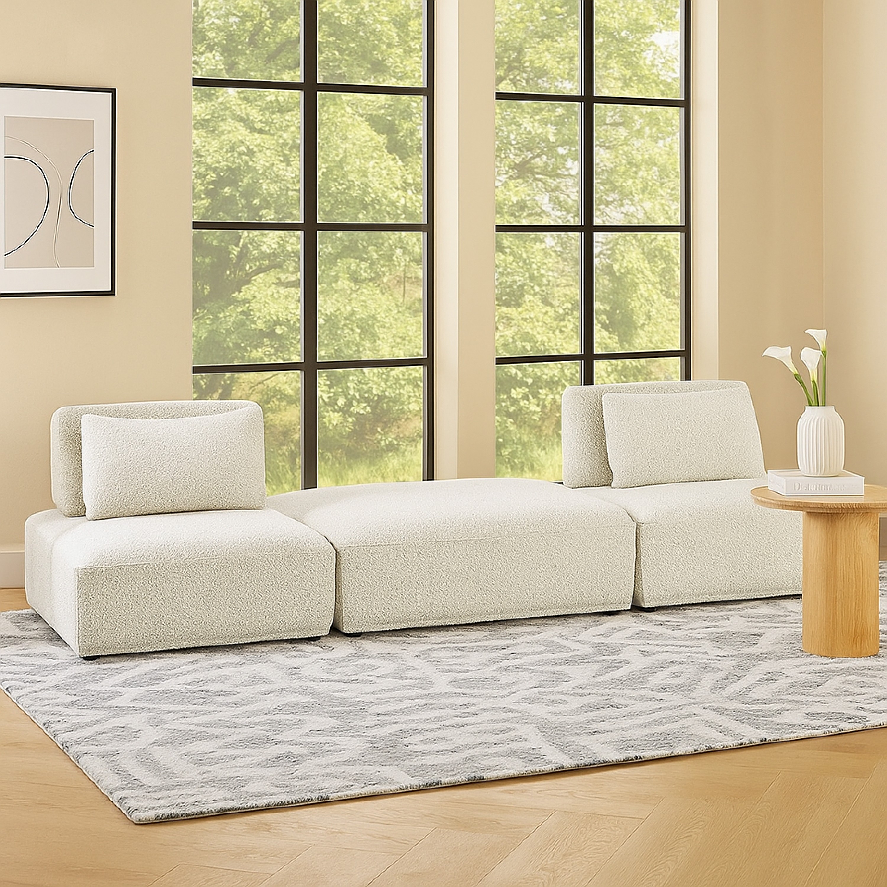 Stavan 2 Seat Modular Sofa, Square Ottoman Gray Boucle Adjustable