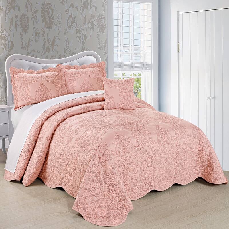4 Piece Damask Embroidery Coverlet Set Soft Microfiber Bedding