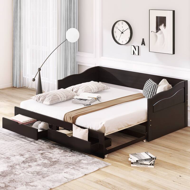 Roomfitters Wooden Twin Daybed with Trundle and Two Storage Drawers Extendable Solid Wood