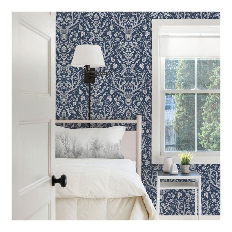 Chesapeake Kiwassa Navy Antler Damask Wallpaper - 20.5 x 396 x 0.025