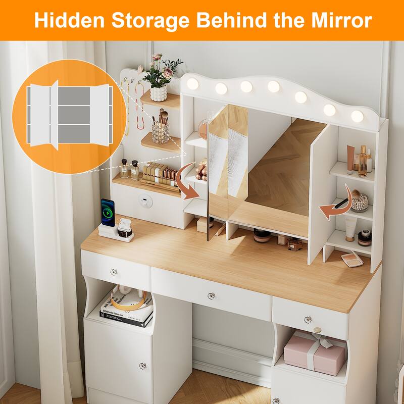 Makeup Vanity with Foldable Mirror & 3 Colors LED Lights, Vanity Desk with 2 USB Power Strip, 3 Drawers & 2 Cabinets