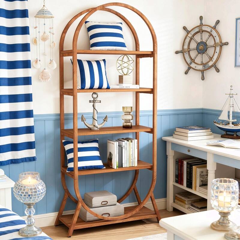 5-Tier Curved Bookcase, Tall Narrow Bookshelf with Metal Frame