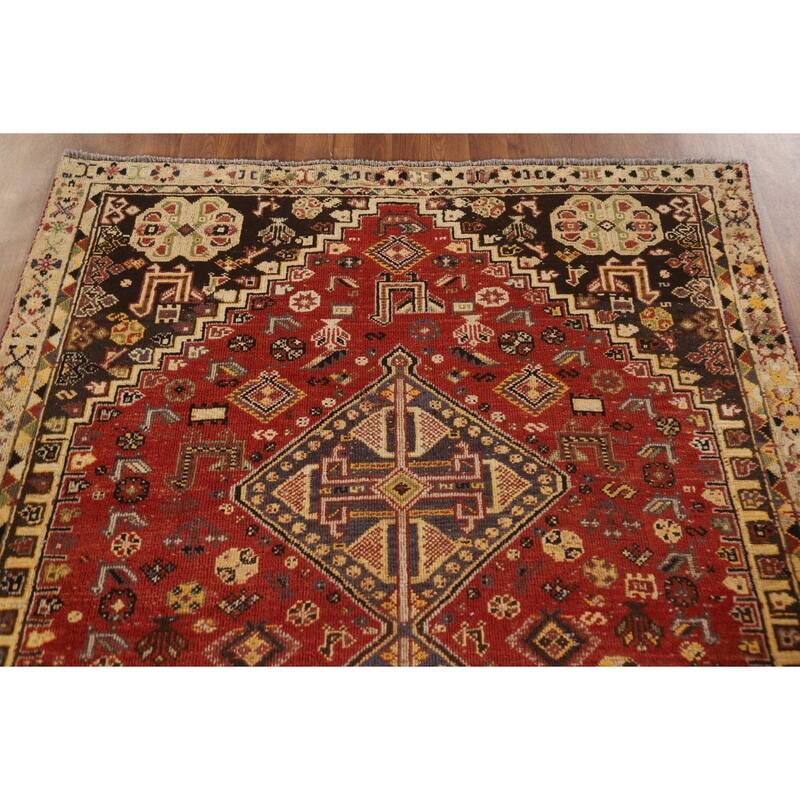 Red Animals Tribal Shiraz Persian Vintage Rug Handmade Wool Carpet - 4'6"x 8'0"