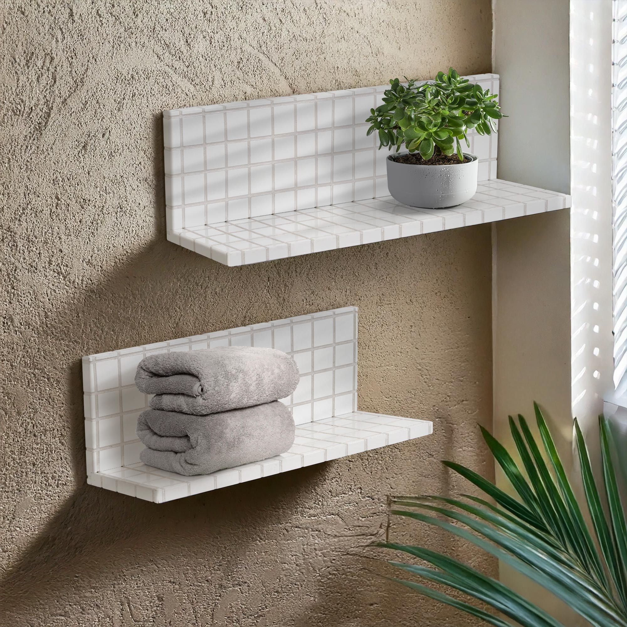American Art Decor 2pc Stylish Retro Wavey Tile Floating Shelves for Wall & Storage - 6" x 6" x 20"