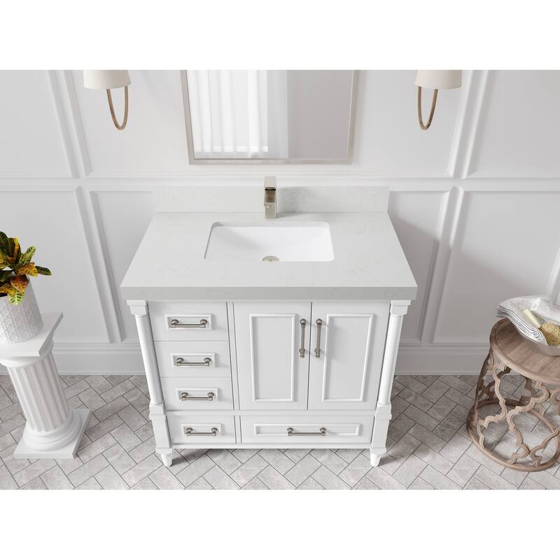 Willow Collections 36 in. W x 22 in. D Aberdeen Center Right Offset Sink Bathroom Vanity with Countertop - 2”Carrara Quartz - White