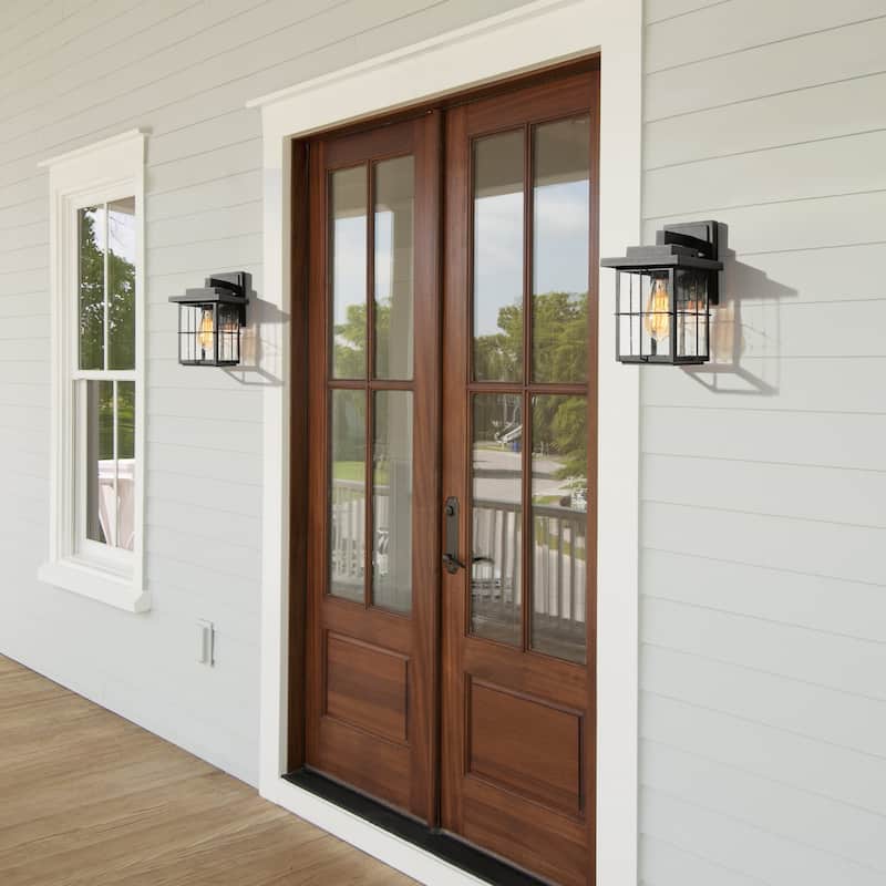 Bern Mid-Century Modern Black Seeded Glass Traditional Lantern Outdoor Wall Sconce (Set of 2) - L 6"x W 7.5"x H 11"