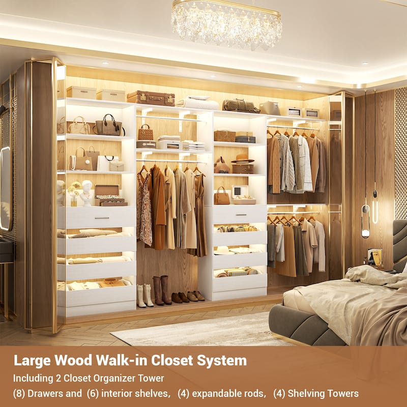 Set of 2 Closet System with Wooden Drawers and Hanging Rods, Closet Organizer with Adjustable Storage Shelves