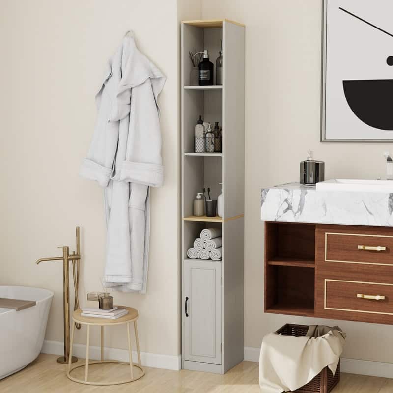 72" Tall Slim Storage Cabinet, 6-Tier Narrow Freestanding Shelf with Door, Antique White