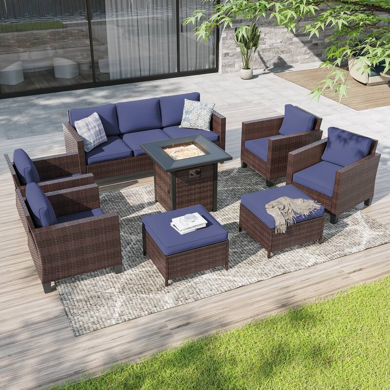 Livoosun 8 Pieces Patio Sofa with 28'' Fire Table Set, PE Wicker, Wide Armrests High Back Sofa Chair Design for Lawn, Patio