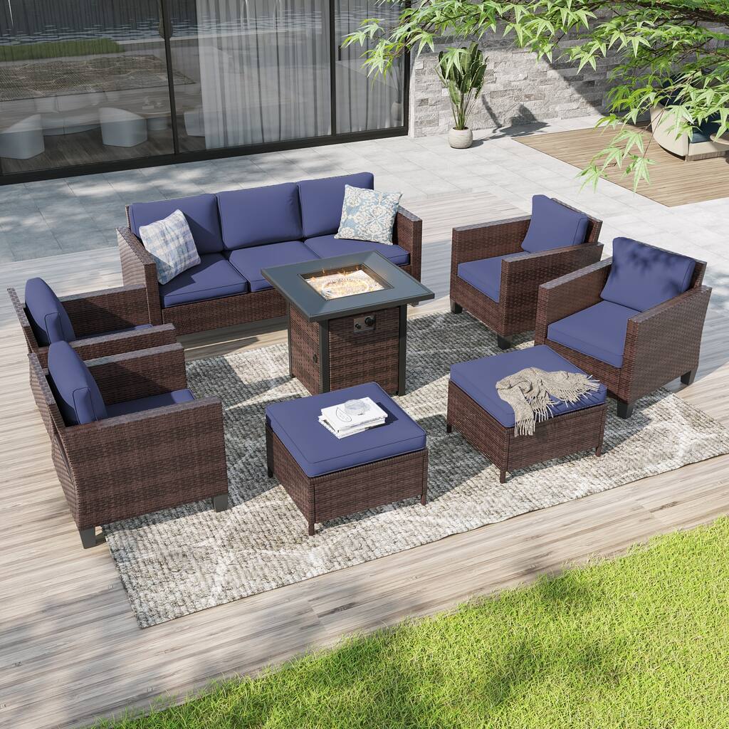 Livoosun 8 Pieces Patio Sofa with 28'' Fire Table Set, PE Wicker, Wide Armrests High Back Sofa Chair Design for Lawn, Patio