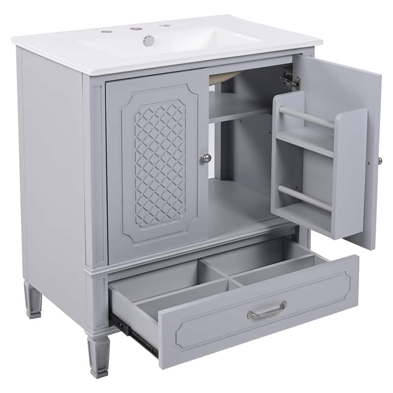 Free Standing Wall Cabinet, 30" Bathroom Vanities with Ceramic Sink, Drawers and Storage Soft-closing Door Shelf