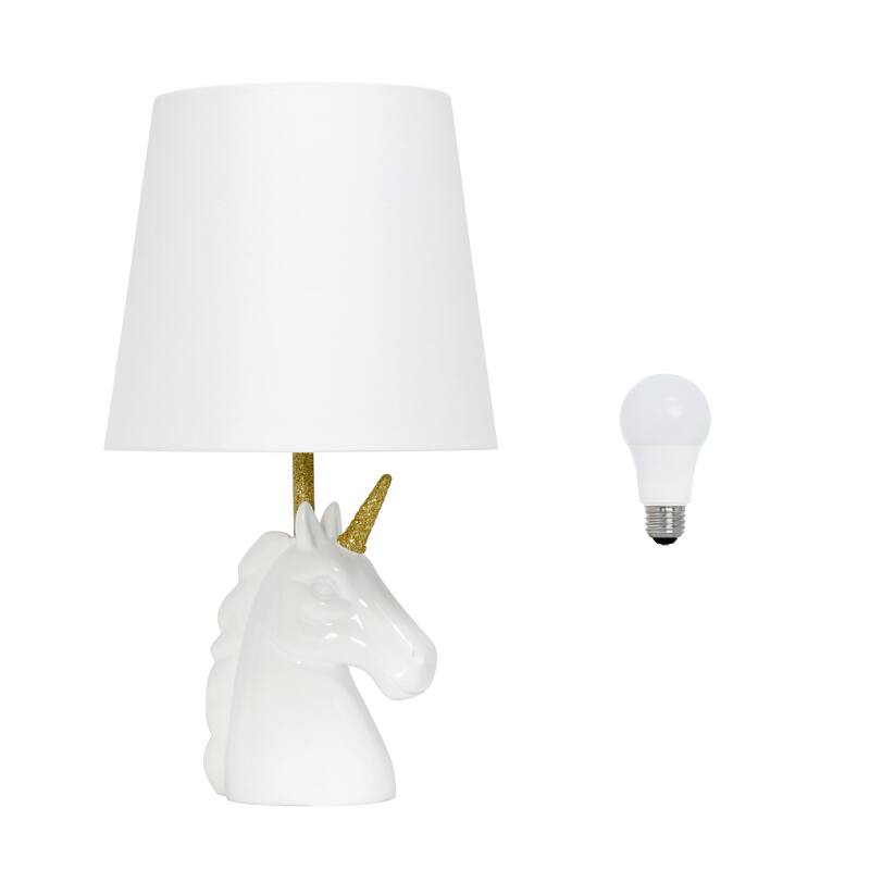 Simple Designs 15.5" Sparkling Glitter Unicorn Table Lamp, White with Blue Glitter, With LED Bulb - White