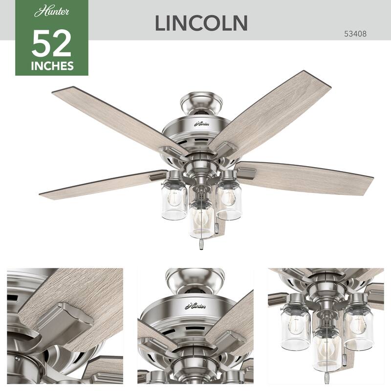 Hunter 52" Declan Pass Brushed Nickel Ceiling Fan with LED Light Kit and Pull Chain - Industrial, Farmhouse, Rustic