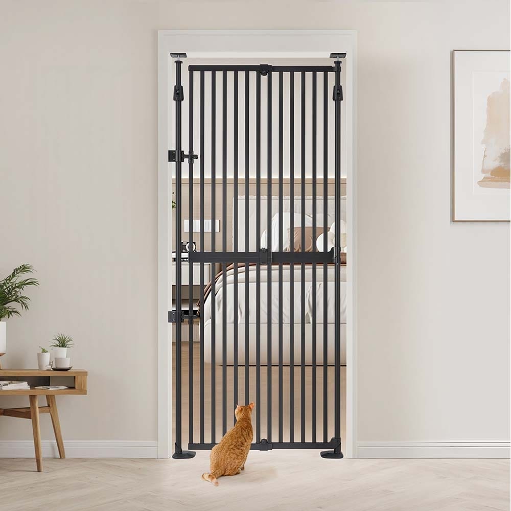 75" H Extra Tall Cat Safety Gate, No-Drill Pressure-Mounted Auto-Close Metal Pet Gate - 21"- 34"W×75"H