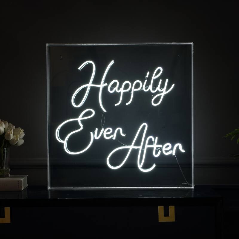 Happily Ever After 23.63" Square Contemporary Glam Acrylic Box USB Operated LED Neon Light, White by JONATHAN Y